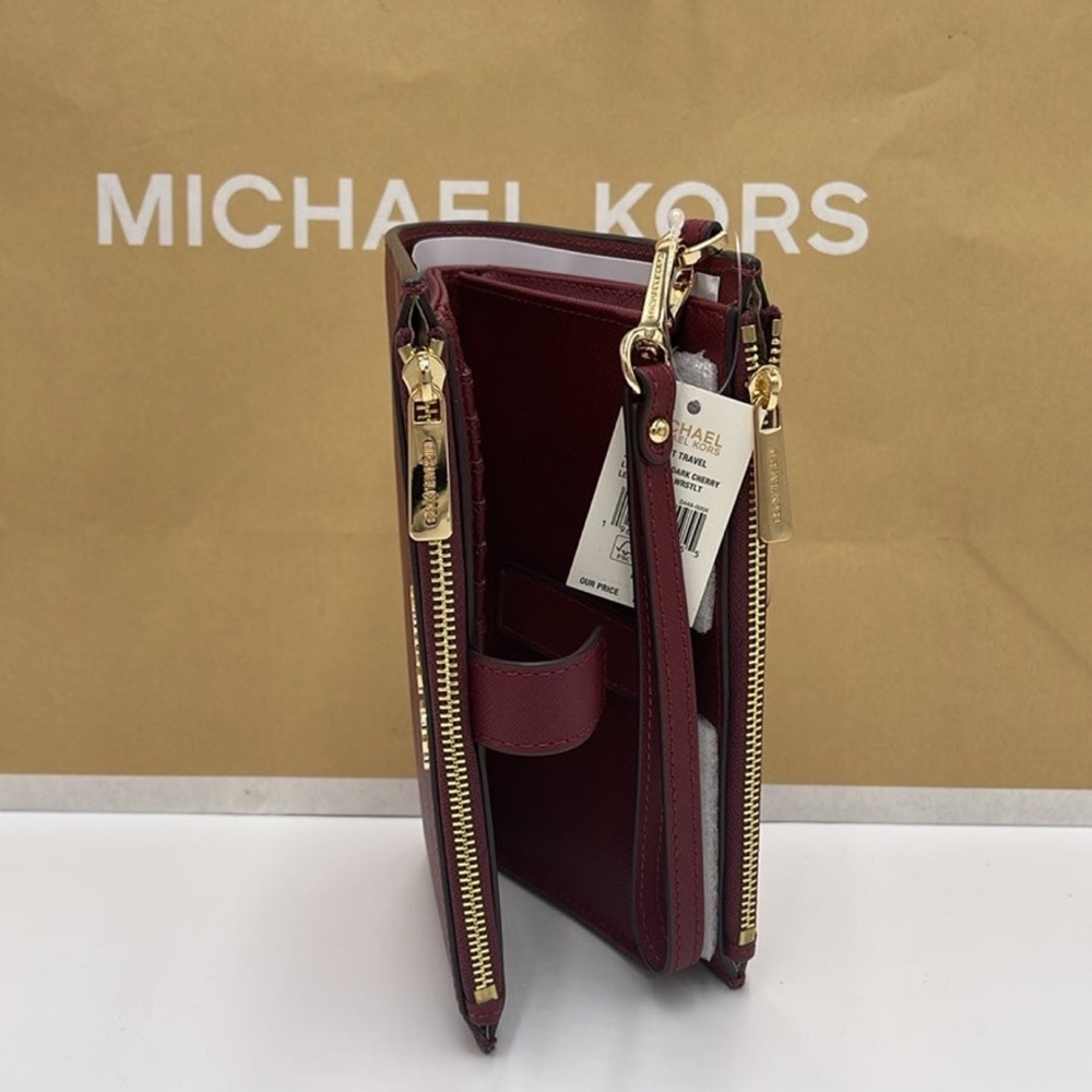 MICHAEL KORS Jet Set Travel LG Double Zip Wristlet Wallet Leather Dark Cherry - Picture 16 of 16